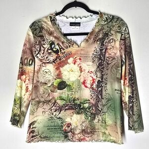 Impulse California Floral Mesh Top Sheer 3/4 Sleeve Y2K Grunge Womens M